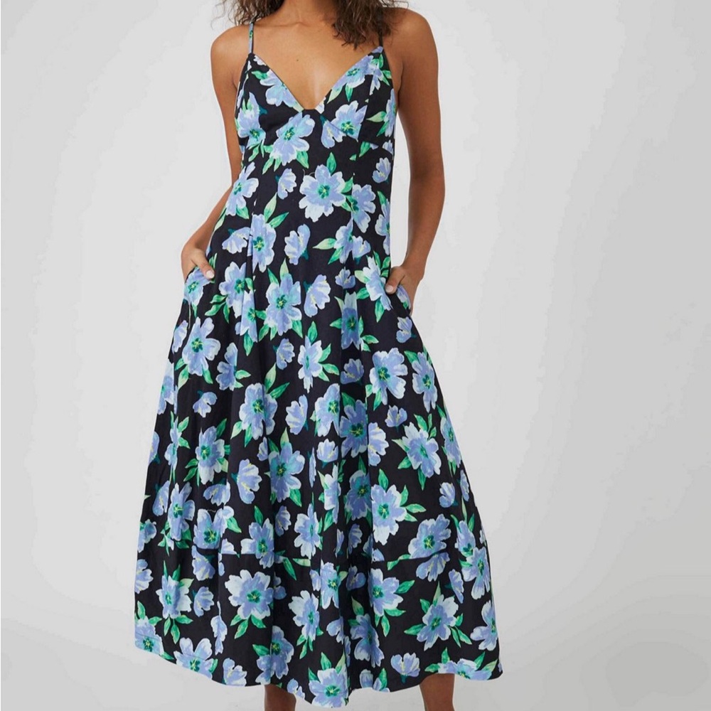Free People Finer Things Black Midi Dress with Blue Floral and Green Leaves
